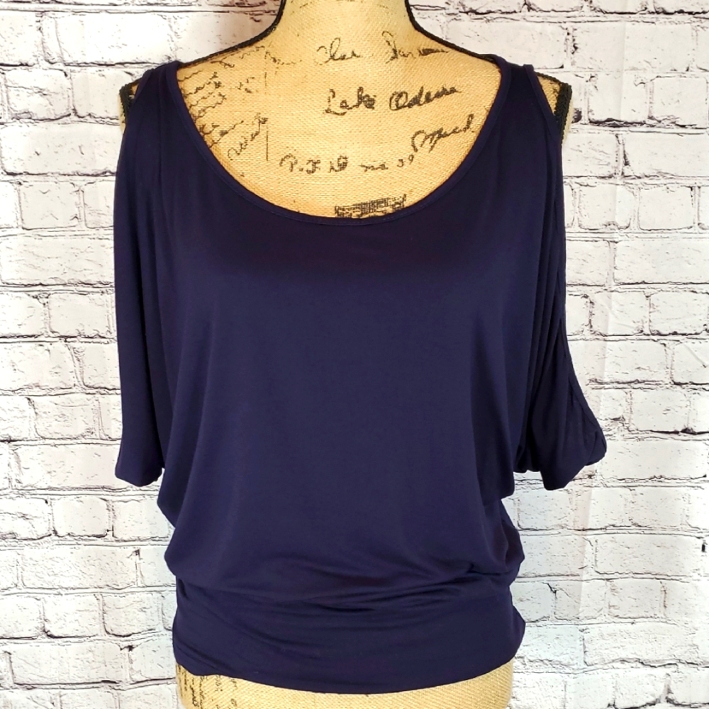 Navy Women's Top with Shoulder Cut Outs Size M